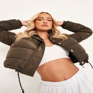 Cuerpo corto con cremallera mangas completas mujer burbuja Puffer chaqueta de satén 2025 Color sólido cuello alto relleno de plumas Micro bola fibra - Product Image 2