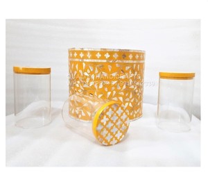Arabic Style Ramadan Eid Gift Mop Inlay <b>Cake</b> <b>Stand</b> <b>With</b> Acrylic Jar 3 Pcs Set Mop Wooden <b>Lid</b> From India by Quality Handicrafts - Product Image 2