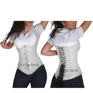 להכות מחוך Underbust Steelboned לבן עור הלטר מחוך עם חזית אבזמי פטיש וגותי עור מחוך ספקי