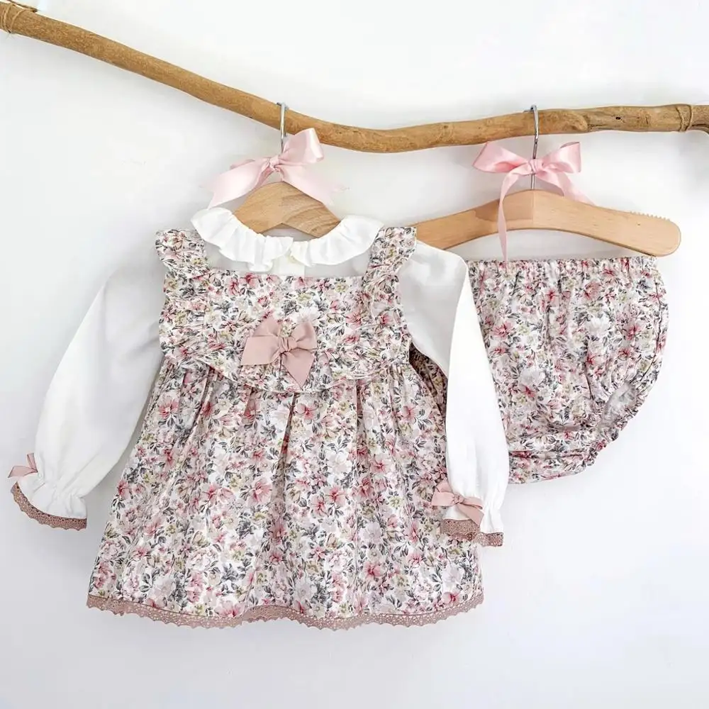 Toddler infant clothes summer floral baby girl 3-pcs dress bloomer set