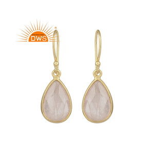 Pear Shaped Gold Plated Silver <b>Earring</b> Wholesale <b>Rose</b> <b>Quartz</b> Gemstone <b>Earrings</b> Supplier Jewelry Classic Collection - Product Image 1