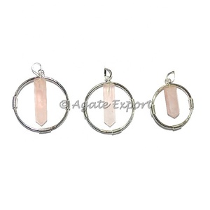 Semi-Precious Stone Crafts Rose Quartz Round Cage <b>Pencil</b> Pendants - Product Image 1