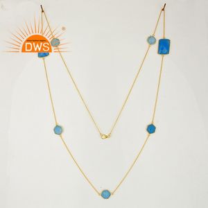 Collier en pierre précieuse avec calcédoine bleue, lot de 10 bijoux, chaîne plaquée en or jaune - Product Image 2