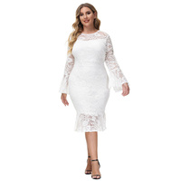 Robe crayon en dentelle à volants pour femmes, manches longues, col ras du cou, grande taille
