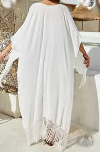 Maxi vestido caftán de gasa de algodón sólido Vintage para mujer, hasta el suelo de manga corta Kimono, decoración de encaje tejido con tinte de corbata Natural - Product Image 5