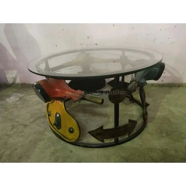 Classy Design High Quality Vintage black metal frame Automobile round glass Top Center table coffee table