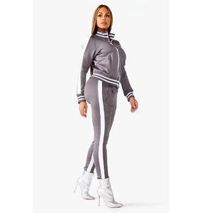 Costume de Jogging pour femme, vêtements urbains avec col et manchettes, combinaison à rayures latérales, tenue de sport à fermeture éclair - Product Image 5