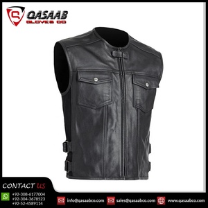 Plus-Size Motorcycle Sleeveless Breathable Men's Zippers Genuine Pu <b>Leather</b> Bikers Motorbike <b>Black</b>-Collarless Vests - Product Image 3