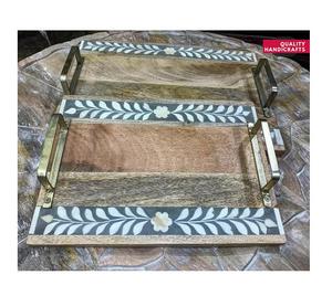 Plateau à incrustation en bois d'acacia avec poignée, plateau de service en nacre de qualité artisanale, cadeau pour Ramadan Eid, 3 pièces - Product Image 6
