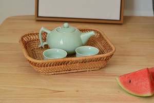 Bandeja de mimbre redonda tejida con asas, bandeja otomana para desayuno, bebidas, aperitivos para mesa de centro, decoración para el hogar - Product Image 4