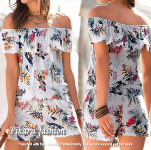 Verano Chic bohemio Floral mono mujer sostenible lavable fuera del hombro corto Casual Wear vestido Lino algodón mezcla sol - Product Image 2