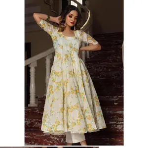 Faux Georgette Flared Gown Fully stitched Attire with Cotton Lining is Enhanced with Floral Digital Print with tussle in back