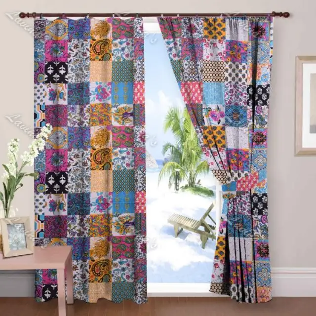 Cortinas estampadas de patchwork, cortinas coloridas de algodão, painel de folha, 2 peças, folha floral