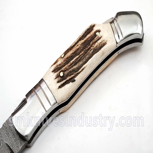 Cuchillo de bolsillo personalizado hecho a mano de acero, de Damasco, con mango de asta de ciervo (smk1121) - Product Image 5