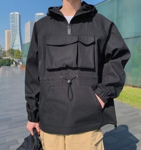 2022 hommes Nylon Polyester demi fermeture éclair à capuche multi-poches veste zippée avec techniques brodées respirant grande taille - Product Image 5