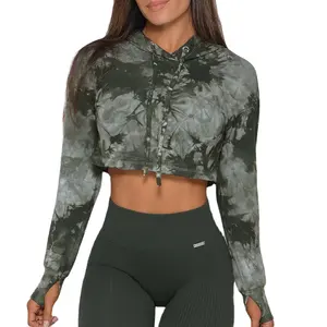 Jaket Yoga Lengan Panjang Wanita, Atasan Crop Top Lengan Panjang Longgar Olahraga Gym Lari