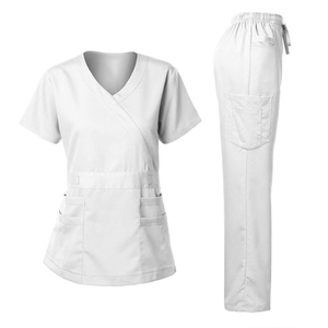 Conjunto de uniforme médico para mujer, Top elástico Y suave con cuello Y pantalones con bolsillos de carga multibolsillo - Product Image 3