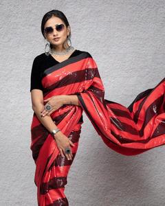 Designer Fantaisie Indien Sari La Plus Tendance Parti Porter Rouge Noir Couleur Leheriya Georgette Saree Séquence Broderie Travail Pas Cher Taux - Product Image 2