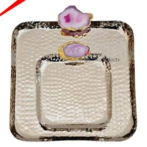 Unique Attractive Design Gold Metal Serving Tray with Agate Marble Handles Serving Tray <b>Tabletop</b> Decor - Product Image 5