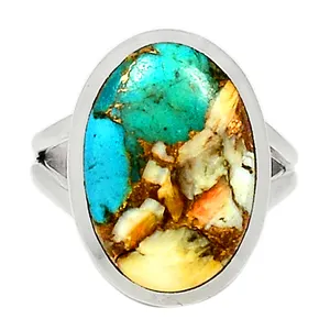 Made with high quality genuine natural polished Spiny Oyster in Copper Matrix and natural Turquoise from Arizona Ring