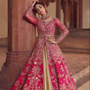 2021 Elegant Embellished Crystal Glass Beads Stone Work <b>Wedding</b> Dress New-Release Beautiful Bridal <b>Jacket</b> & Lehenga Made of Silk - Product Image 1