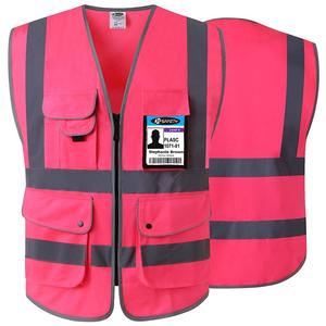 Gilet de sécurité à haute visibilité avec 6 poches et fermeture éclair sur le devant, avec bandes réfléchissantes (taille moyenne, rose) - Product Image 4
