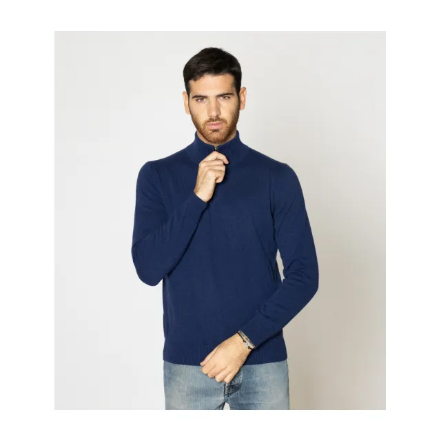 Made in Italy trucker neck 100% cashmere regular long sleeve winter blue sweater for men