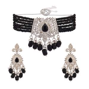 Indian Faux Pearl Beaded CZ Crystal Bridal <b>Choker</b> Necklace Earrings Jewelry Set <b>for</b> <b>Women</b>, Black - Product Image 1