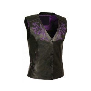 Chaleco de Motociclista de Cuero Negro con Cordones Laterales, Diseños Personalizados Bordados a la Moda para Mujer - Product Image 1