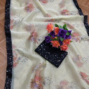 Nouvel arrivage de saris en organza imprimé avec chemisier Pièce de vêtements pour femmes indiennes Sari pas cher bas prix vente en gros vêtements Surat - Product Image 1