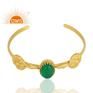 Bracelet Manchette Fait Main en Argent Sterling Indien Plaqué Or Vert Onyx Gemme Bijoux Collection Vintage en Gros - Product Image 2