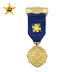 Grosir Medal Ribbon Drape Gold Masonic Pembuat Medali Kustom dengan Pita Pendek Drape