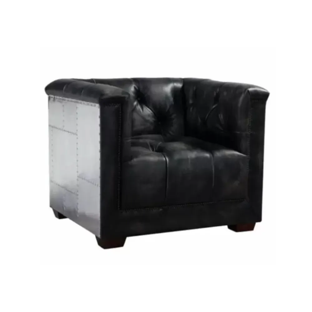 Muebles de estilo aviador tradicional para sala de estar, conjunto de sofás clásicos de cuero real, color negro, para decoración del hogar, nuevo
