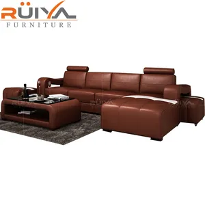 Sofá moderno de lujo de Arabia Saudita, conjunto de sofás esquineros en forma de L de cuero marrón italiano