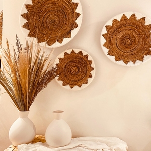 Ensemble 3 Boho Art tenture murale ronde jonc de mer tissé panier paille rotin osier miroir décor jacinthe d'eau à la main tentures murales - Product Image 1