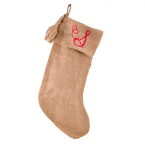 Medias de Navidad de lino blanco personalizadas, diseño moderno cuadrado, copo de nieve dorado, medias de arpillera de gran tamaño para decoración del hogar - Product Image 1