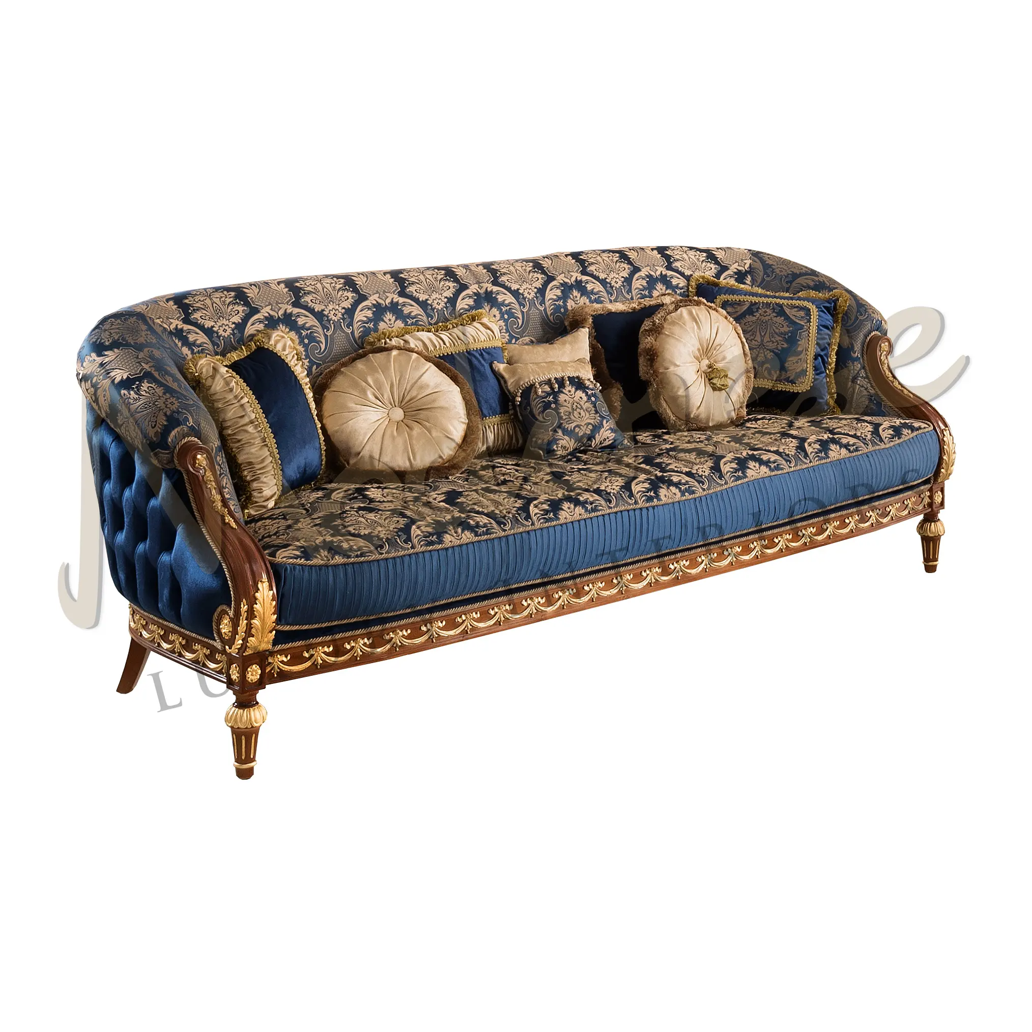 Modenese Luxury Interiorsによる最高級の青い生地と金箔の洗練されたロイヤルパレスのクラシックな3人掛けソファ