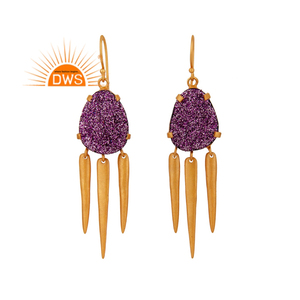 Boucles d'oreilles en pierre de druzy violette, fournisseur de bijoux, laiton plaqué or indien, boucles d'oreilles pendantes tendance, collection classique - Product Image 1