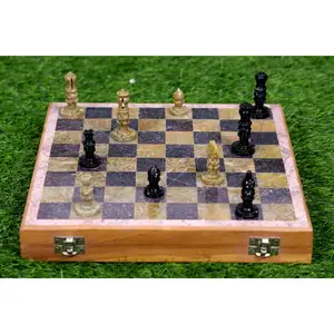 Juego de ajedrez de madera para viaje, piezas talladas a mano con piedra de jabón y estuche de almacenamiento