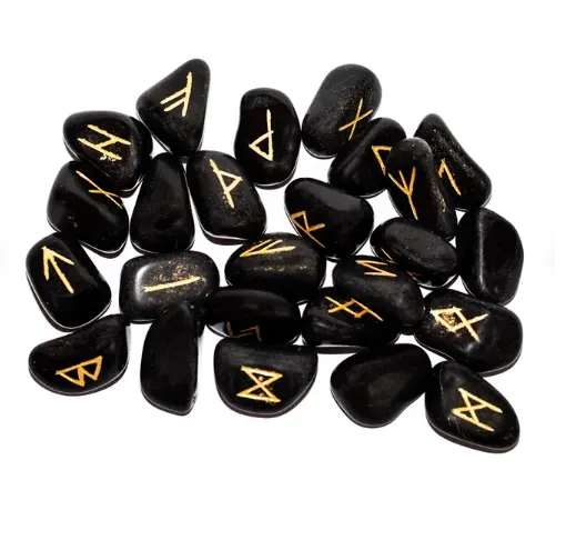 Symboles vikings en obsidienne noire, ensemble Runes et Runes, pierre de palmier futhmark avec ensemble de pierres précieuses, reiki