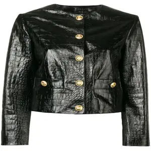 Новая модная женская Черная Текстурированная кожаная куртка из ягненка с золотыми пуговицами