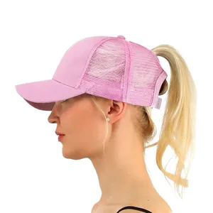 Oem Custom Paardenstaart Baseball Cap Zomer Vrouwen Verstelbare 5 Panel Hat Cap Casual Katoen Meisje Snap Terug Mesh Cap voor Meisjes