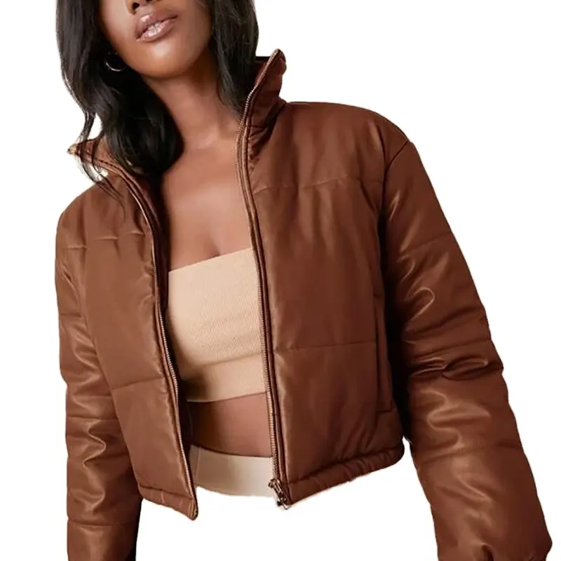 Women Clothing Pu Leather Cropped Puffer Jacket Customized Zip Up Top Design Women Leather Jacket