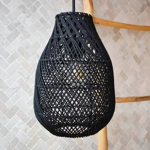 Zwart Geweven Rotan Hanger Lampenkap Handgemaakte Plafondlamp Voor Home Decor