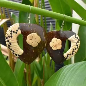 New Fashion Earring Handmade Carved Coconut Shell Jewelry Braided Rattan Straw Drop Earrings For Women