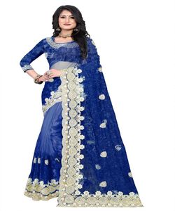 ชุดปาร์ตี้ผ้าส่าหรีสีส้มสำหรับผู้หญิงอินเดียปักลายดอกไม้ทำจากผ้าไหมตาข่ายพร้อมเสื้อสำหรับใส่ทำงานส่าหรี - Product Image 3