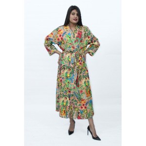 Nouvelle arrivée 100% coton fait à la main léger Long Kimono Robe élégant tunique vêtements de plage robe de nuit col en v imprimé fleuri adultes - Product Image 1