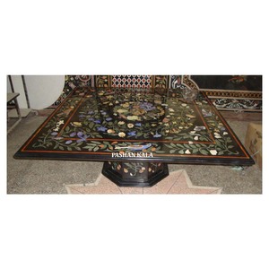 Natural Black Marble Intricate Inlay <b>Work</b> Dining <b>Table</b> Top With Base - Product Image 1