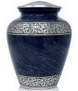 Blue Metal Cremation Urn Adult Size Ashes Container <b>Memorial</b> Storage <b>Vase</b> Funeral Burial Holder Decorative Engraved Design - Product Image 1
