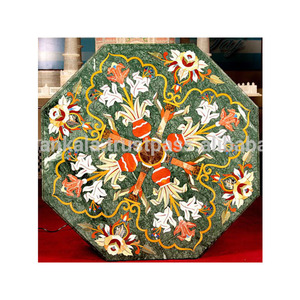 Plateaux de table octogonaux anciens faits à la main en marbre vert massif incrusté - Product Image 1